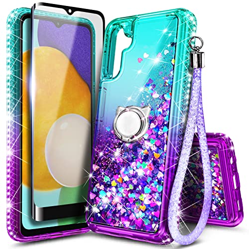 NZND Case for Samsung Galaxy A13 5G with Tempered Glass Screen Protector (Maximum Coverage), Ring Holder/Wrist Strap, Glitter Liquid Floating Waterfall Durable Girls Cute Phone Case (Aqua/Purple)