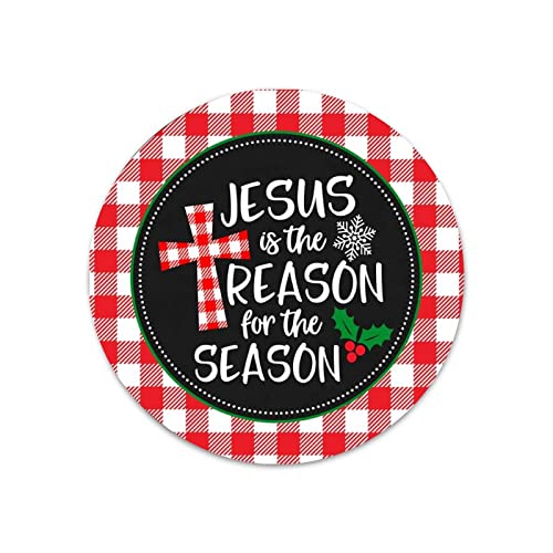 Jesus Is The Reason For The Season Red And White Plaid Christmas Wreath Sign 12 Inches Round Metal Sign Bar Family Outdoor Metal Signs Choose Your Size Circle Shaped Wreath Sign Metal Signs Custom