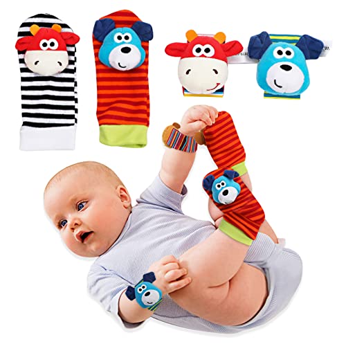 asUwish 4Pcs Baby Soft Rattle，Cute Soft Baby Socks Toys，Wrist Chew Toy，Baby Socks Toys Wrist Rattle and Foot Finder for Newborn Boy or Girl (Dog and Cow)