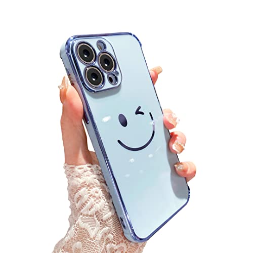 Facweek Compatible with iPhone 13 Pro Max Case Cute, Happy Smile Face Golden Plated Back Cover [Full Camera Protection + Raised Corners] Wink Smiley Silicone Rubber Cover Case 6.7 Inch – Sierra Blue