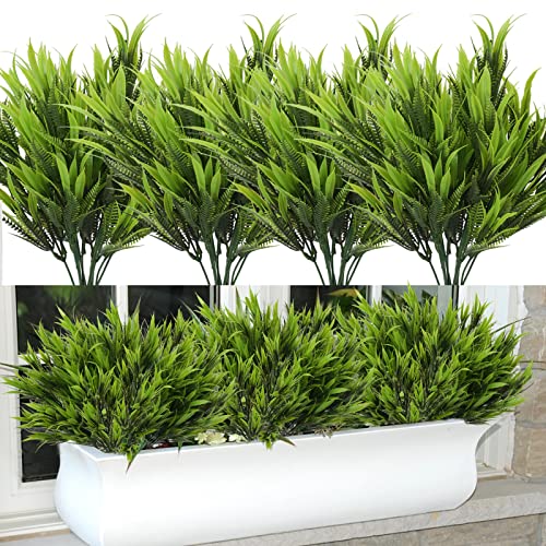 HUAESIN 8 Bunches Artificial Ferns Outdoor UV Resistant Faux Plastic Plants Fake Boston Fern Fake Plants for Outdoors Porch Window Home Garden