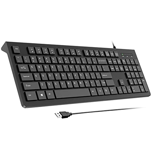 Computer Keyboard Wired, Plug Play USB Keyboard, Low Profile Chiclet Keys, Large Number Pad, Caps Indicators, Foldable Stands, Spill-Resistant, Anti-Wear Letters for Windows Mac PC Laptop, Full Size