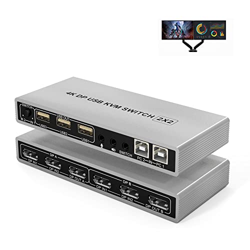 KVM Switch Dual Monitor DisplayPort 4K 60Hz Extended Display, KVM Switch DP 2 in 2 Out with USB 2.0 Hub and Audio Microphone Output, PC Monitor Keyboard Mouse Switch with USB Cables x2 and Controller