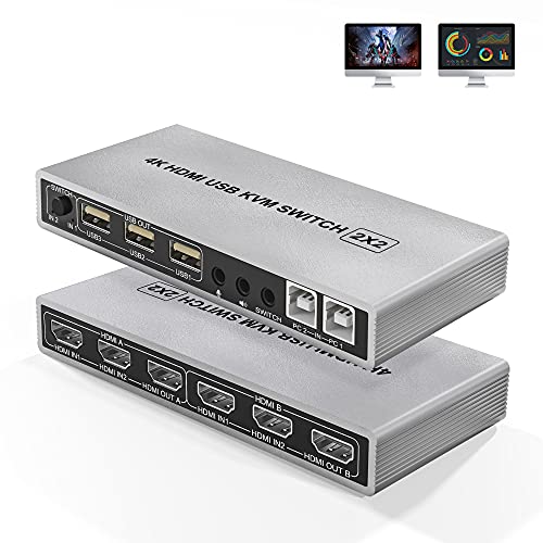 HDMI KVM Switch Dual Monitor 2 Port 4K@60Hz USB KVM Switch HDMI 2 in 2 Out with Audio Microphone Output and USB 2.0 Hub, PC Monitor Keyboard Mouse Switcher,No Adapter Required
