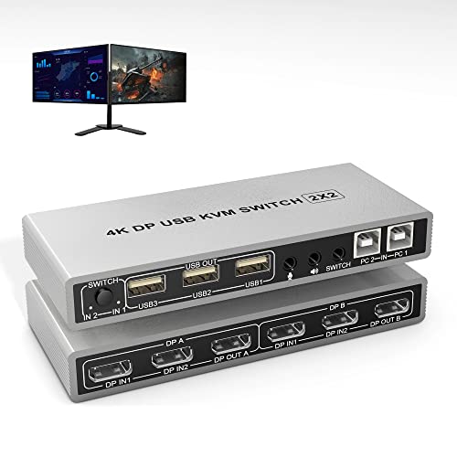 KVM Switch Dual Monitor DisplayPort 4K@60Hz Extended Display, DP 1.2 KVM Switch 2 in 2 Out with Audio Microphone Output and 3 USB 2.0 Hub, PC 2 Monitors Keyboard Mouse Switcher with 2 USB Cables