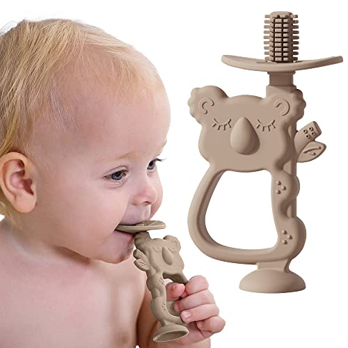 Moonkie Teething Toy, Safe & Easy to Hold BPA Free Silicone Teethers, 360° Baby Toothbrush with Suction Base, Teether Toys Best for Babies 6-12 Months (Koala Warm Taupe)