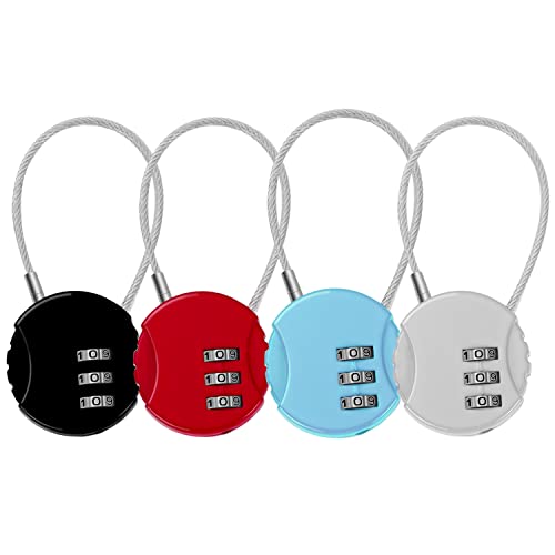 4 Pcs Combination Lock, 3 Digit Combination Padlock Code Lock with Wire Rope Outdoor Waterproof Padlock for Backpack Suitcase Door Sports Locker (Black, Red, Blue, Silver)