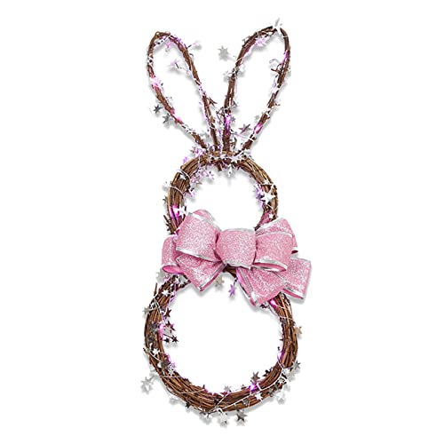 Flueyer Easter Bunny Wreath, Handmade Bunny Shaped Spring Grapevine Wreath with LED Lights and Star Bunny Garland Decorations for Front Door Home Garden Decor, With Lights