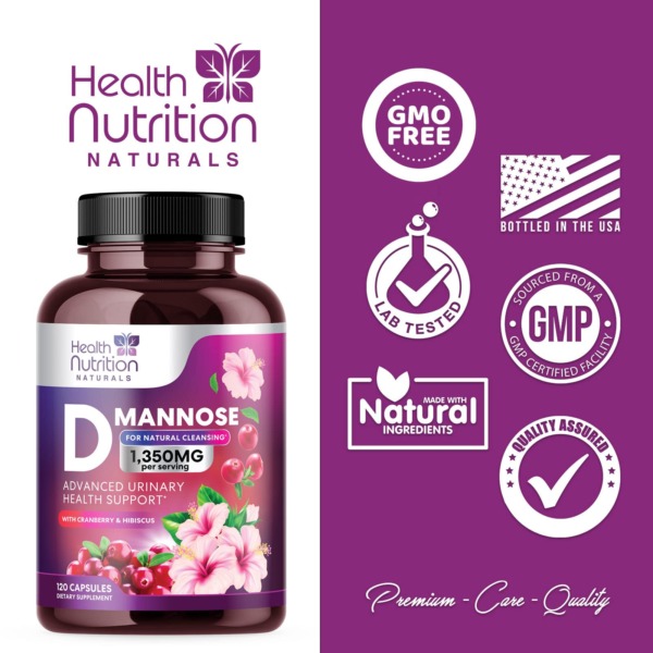 D-Mannose 1,350mg Complex with Cranberry Extract – Fast-Acting Urinary Tract Health Support to Cleanse & Flush Impurities – Extra Strength DMannose Supplement – Natural, Non-GMO & Vegan – 120 Capsules