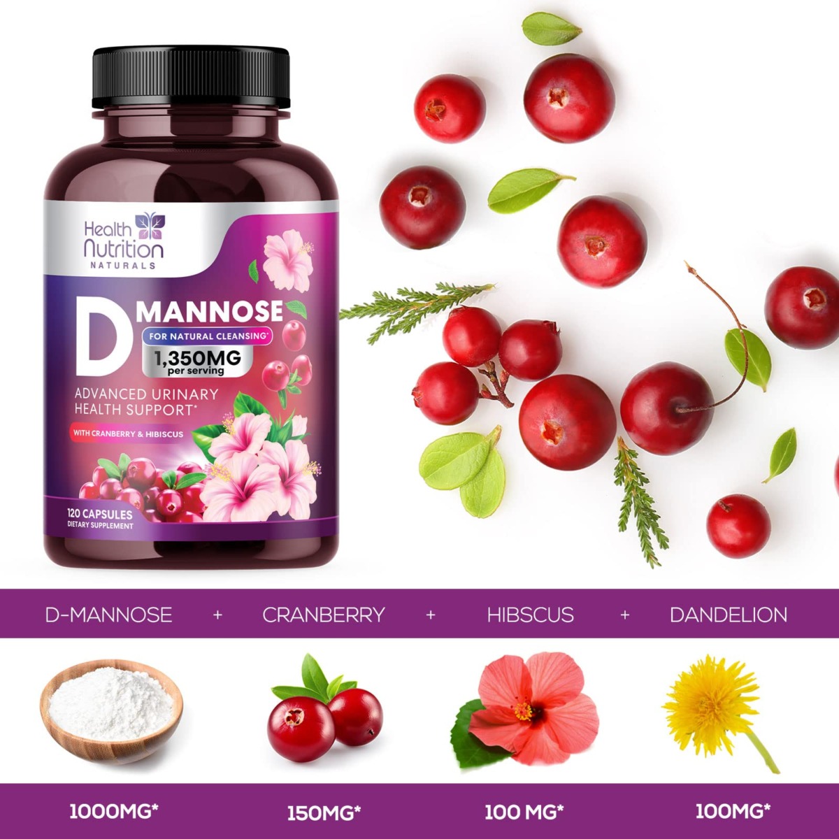 D-Mannose 1,350mg Complex with Cranberry Extract – Fast-Acting Urinary Tract Health Support to Cleanse & Flush Impurities – Extra Strength DMannose Supplement – Natural, Non-GMO & Vegan – 120 Capsules | The Storepaperoomates Retail Market - Fast Affordable Shopping