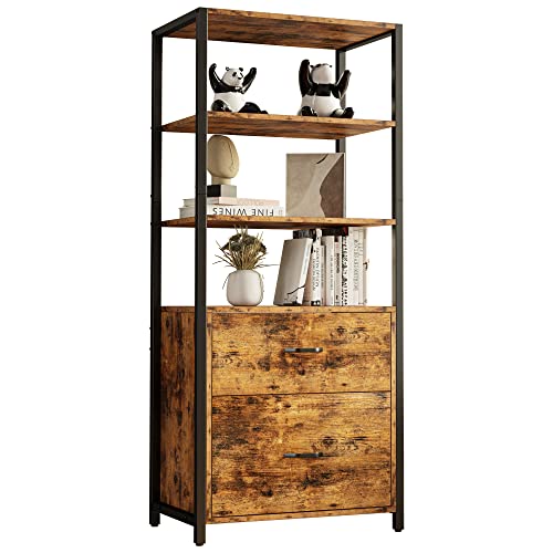 IRONCK Bookcase and Bookshelf 59.8 in, with Drawers File Cabinet, 4 Tier Freestanding Storage Home Office Cabinet Shelf Organizer, Rustic Home Decor, Industrial Vintage Brown