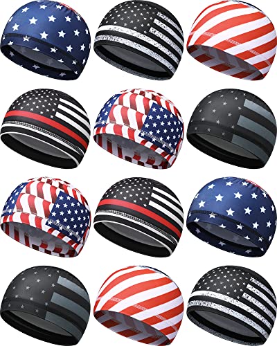 12 Pieces American Flag Cooling Skull Cap Sweat Wicking Helmet Liner Running Cycling Hat Motorcycle Beanie Cycling Cap Liner (Classic Style)