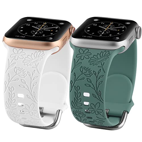 2 Pack Flower Engraved Sport Strap Compatible with Apple Watch Bands 38mm 40mm 41mm, Women Floral Laser Soft Silicone Wristband Replacement iWatch Series 8 7 6 5 4 3 2 1 SE (White Green, 38/40/41mm)