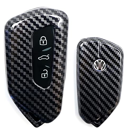 iJDMTOY Gloss Black Carbon Fiber Pattern Exact Fit Key Fob Shell Cover w/Chrome Edging Trim Compatible with Volkswagen MK8 Golf/GTI, Skoda Octavia 3/4/5-Button Smart Key
