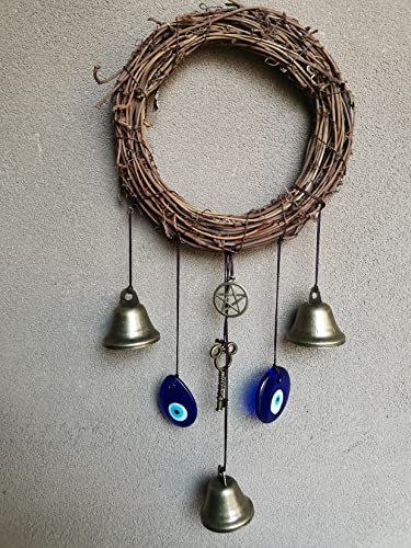 Witch Bells for Door Knob Protection ,Witchy Wicca Decor Clear Negative Energies with Blue Evil Eyes for Home Garden Courtyard Decor Protection
