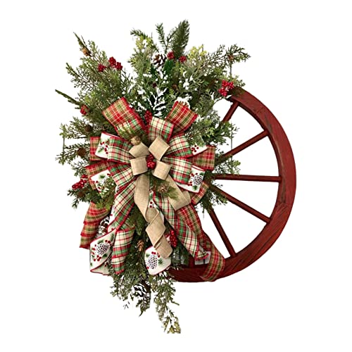 Winter Wreath Christmas Farmhouse Wagon Wheel Wreath, Vintage Red Wagon Wheel Wreath Front Door Decor Christmas Wreath Holiday Home Decorations