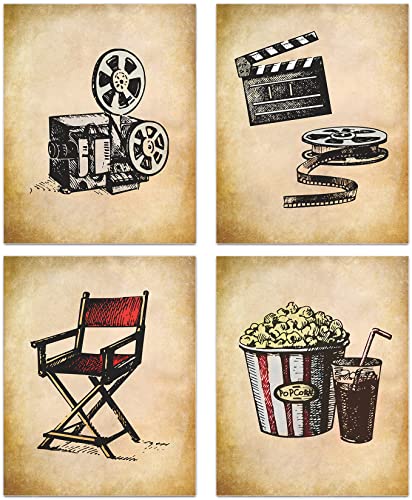 Vintage Movie Theater Wall Art, Home Theatre Feature Canvas Decor, Classic Film Reel Cinema Popcorn Posters, Retro Home Movie Theater Media Room Bar Pub House Decoration, Set of 4-(8″x10″ Unframed)