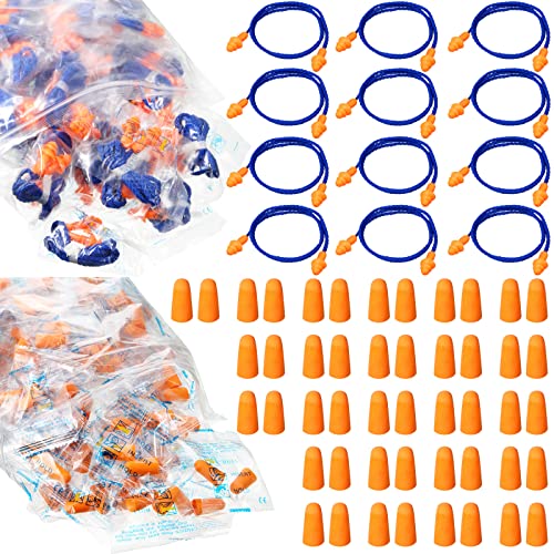 200 Pairs Silicone Ear Plugs with Cord Soft Foam Earplugs Individually Wrapped Noise Reduction Ear Plugs for Shooting Range Reusable Earplugs for Ear Protection Work Sleeping Construction