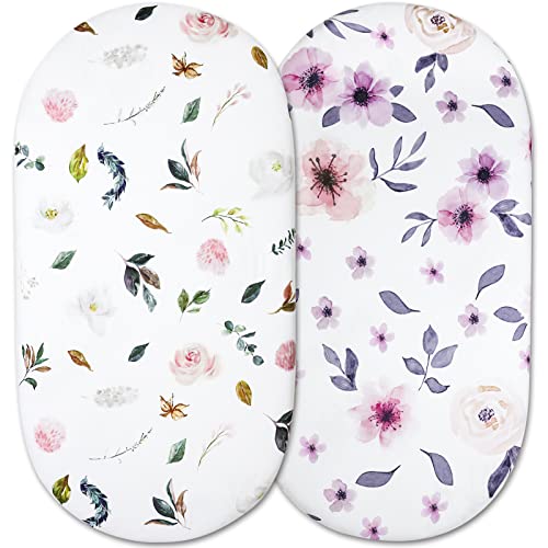 GFU Bassinet Sheets Fitted for Baby Girl, 2 Pack Soft Breathable Bedside Sleeper Sheets Set, Fit for Hourglass Oval Rectangular Bassinet Mattress Pad, Pink Purple Watercolor Floral