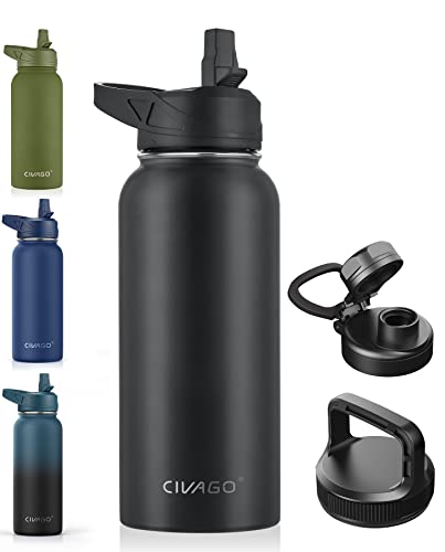 CIVAGO 32 oz Insulated Water Bottle With Straw, Stainless Steel Sports Water Cup Flask with 3 Lids (Straw, Spout and Handle Lid), Wide Mouth Travel Thermo Mug, Midnight Black