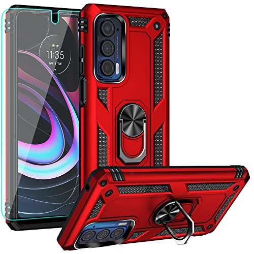 YZOK Compatible with Moto Edge 2021 Case,Moto Edge 5G UW Case with HD Screen Protector,[Military Grade] Kickstand Hybrid Hard PC Soft TPU Shockproof Protective Case for Motorola Edge 2021 (Red)
