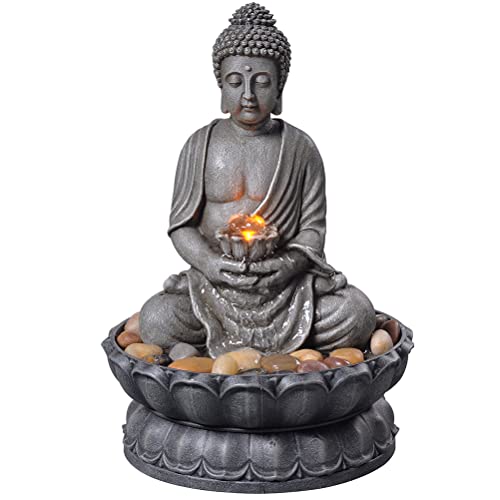 GOSSI 11.2 in Tall Indoor Tabletop Buddha Fountains Desk Water Fountain Sitting Buddha Fountain Zen Fountain w/ Reflective Lighting/Cobblestone Office and Home Decor