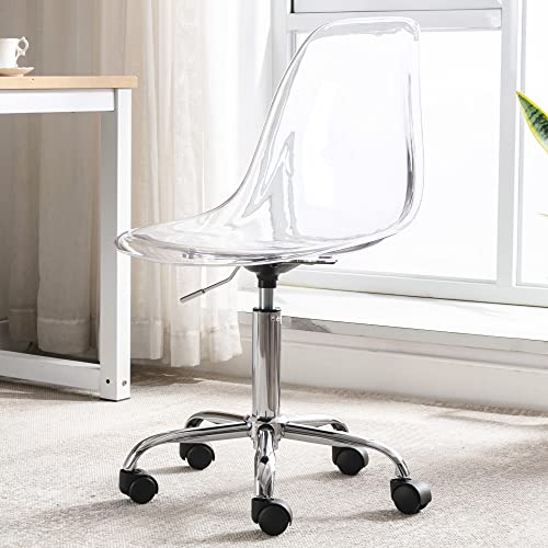 Villeston Acrylic Clear Desk Chair, Modern Small Cute Armless Vanity Rolling Plastic Chair Home Office Lucite Ghost Chairs with Adjustable Height and Wheels, Clear