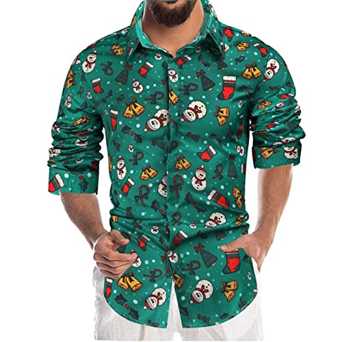 ZDFER Christmas Shirts for Men, Lapel 3D Digital Print Shirt Button Down Single-Breasted Tunic Casual Loose Blouse Tops Mens Christmas Shirts Golf Shirts Ping Golf Shirts for Men Polo Shirts for Men