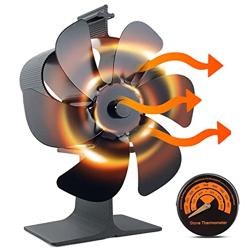 Holldoor 6 Blade Wood Stove Fan Heat Powered, Non Electric Fireplace Fan with Stove Top Thermal Fan Thermometer for Wood Burning Stove / Fireplace