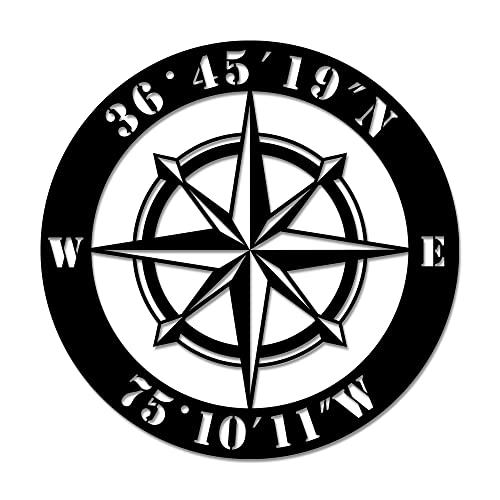 UTF4C Personalized Nautical Compass Rose Metal Wall Art, Custom Home GPS Coordinates Metal Sign, Latitude Longitude Sign, Housewarming New Home Gift – Black Metal Wall Hanging Art