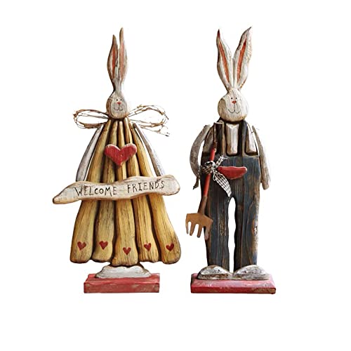 HANTURE 2pcs Easter Wood Bunny Tabletop Ornaments Farmhouse 15 Inch Cute Rabbit Couple Figuri Brownyellow