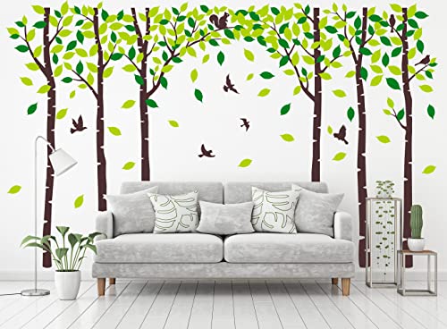 Six Birch Tree Wall Decals Birds Cute Squirrel Forest Wall Stickers for Kids Room Nursery Bedroom Living Room Classroom Decoration (Brown,Green)