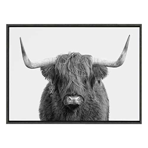 Kate and Laurel Sylvie B&W Highland Cow No. 1 Portrait Framed Canvas Wall Art By Amy Peterson Art Studio, 28×38 Gray, Rustic Farm Animal Art For Wall