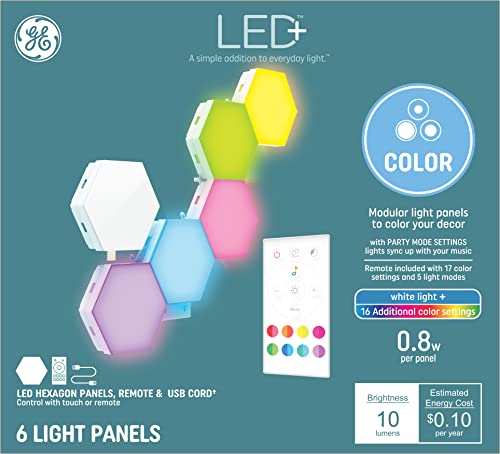 GE LED+ Color Changing Hexagon Tile Panels, 17 Color Settings & 5 Light Modes, No App or Wi-Fi Required (6 Pack)