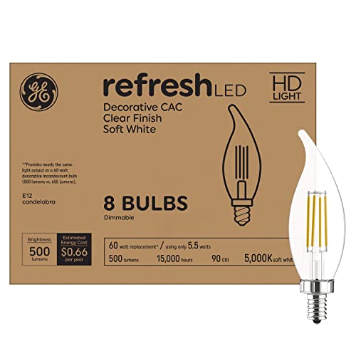 GE Refresh LED Light Bulbs, Decorative Clear Finish, 60 Watt Replacement, Daylight, Candelabra Base, Dimmable (8 Pack)