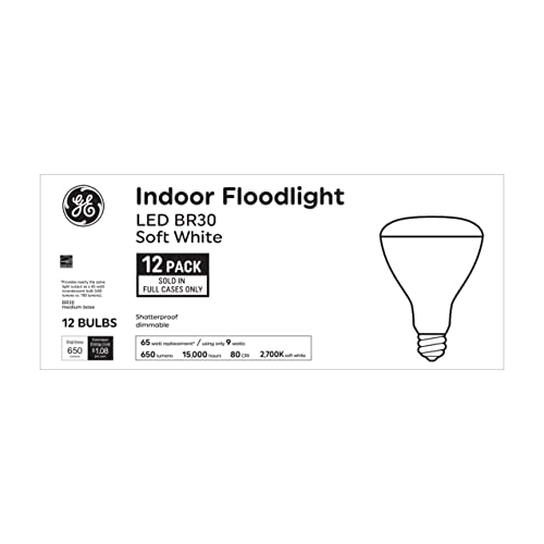 GE LED Indoor Floodlight Bulbs, 9 Watts (65 Watt Equivalent) Soft White, Medium Base, Dimmable (Pack of 12)