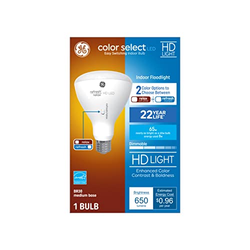 GE Lighting Color Select Indoor LED Floodlight Bulb, Relax Soft White or Refresh Daylight, Medium Base, Dimmable (93129543)