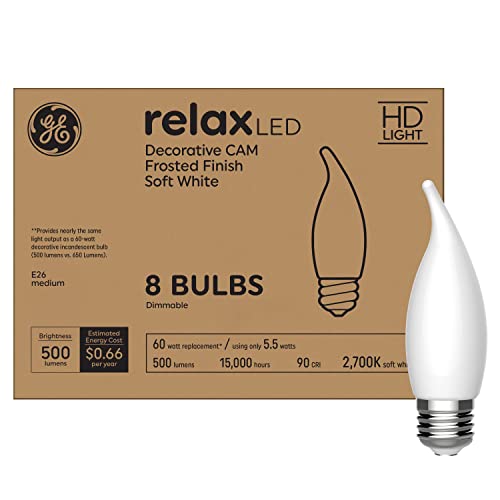 GE Relax LED Light Bulbs, Decorative Frosted Finish, 60 Watt Replacement, Soft White, Medium Base, Dimmable (8 Pack)