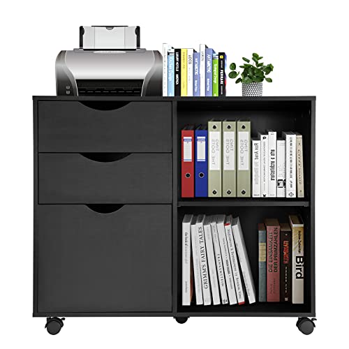 QDSSDECO 3-Drawer Wood File Cabinet Mobile Lateral Filing Cabinet Suitable for A4 Paper, with Rolling Wheel Printer Stand and Open Adjustable Storage Shelves, for Home Office, Black
