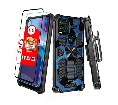 Shockproof Camouflage Military Grade Drop Tested Phone Case with Built in Kickstand with Screen Protector Holster Belt Clip Fits for Moto G Stylus 5G 6.8″ (Blue CAMO)…