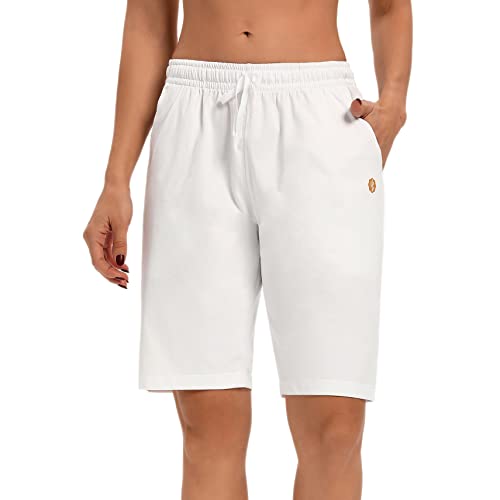 LUCKYCATCUS Women’s Bermuda Shorts Jersey Shorts with Pockets Yoga Walking Athletic Long Shorts for Women Knee Length (White, XL)