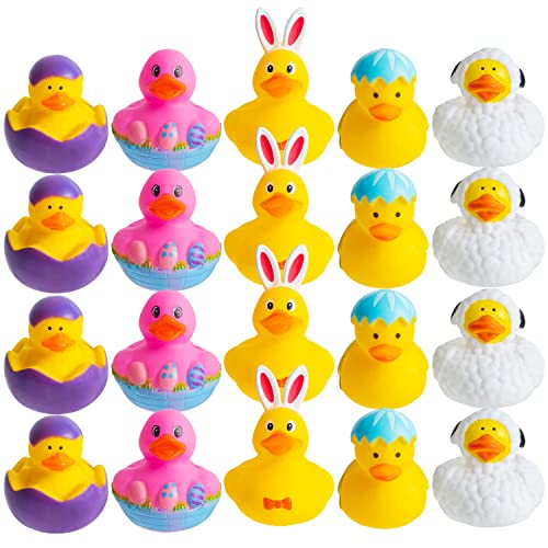 Haooryx 20Pcs Easter Rubber Duckies Toys, Novelty Yellow Rubber Ducks Easter Bunny Bathtub Duck Baby Shower Float Ducky Decor Carnival Pinata Filler Class Rewards Easter Basket Stuffing for Kids
