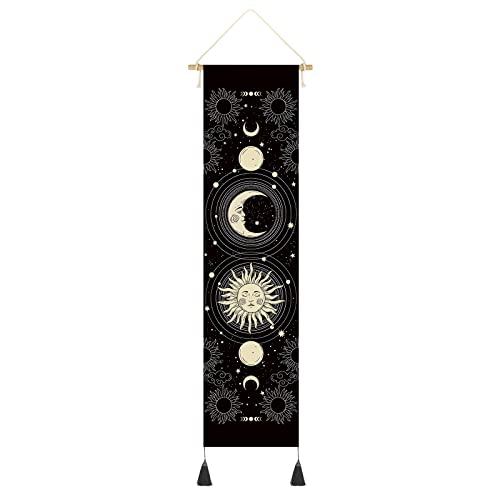 Hanging Poster Canvas Wall Art Banner Tarot Sun and Moon Tapestry Starry Celestial Galaxy Sky Burning Sun Tapestries For Wall Decor Hanging Tapestry Decoration For Room (13”x 56”/33x142cm)