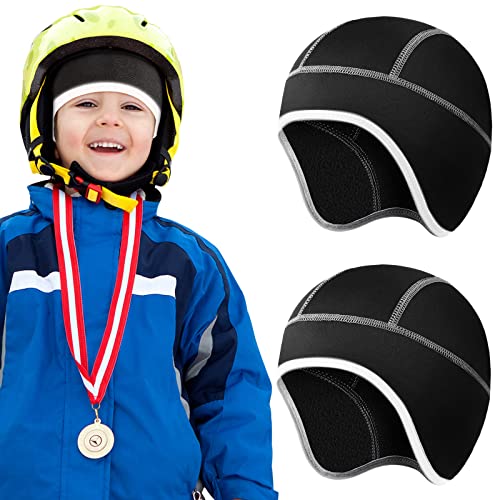 SATINIOR Reflective Kids Thermal Helmet Liner Skull Cap 2 Pcs Black Thin Running Hat Men Winter Bike Warm with Stripe Ski Youth Cover Ears Beanie for Outdoor Activities