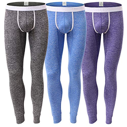 KAMUON Men’s Low Rise Pouch Underwear Pants Long Johns Thermal Bottoms Leggings (X-Large, 3 Pack-Black/Blue/Purple #2#2)