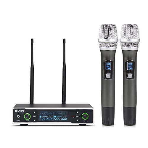 D Debra Audio R202 UHF Wireless Handheld Microphone System, 2×100 Channels Metal Dual Professional Cordless Dynamic Mic for Home Karaoke DJ Meeting Party Church, 320FT