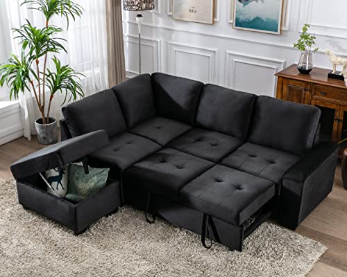 L-Shape Sleeper Sectional Sofa Bed with Storage Ottoman & Hidden Arm Storage, 85Inch Sectional Corner Couch Sofa-Bed for Living Room Apartment