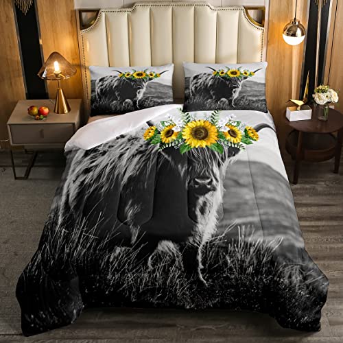 Highland Cow Comforter Set Adult Women Sunflower Cow Print Down Comforter Full Size for Boy Men Bull Cattle with Grey Fur Quilted Duvet Bedroom Decorative Wildlife Farmhouse Cow Bedding Comforters