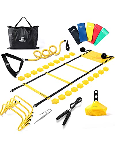 FitBeast Agility Ladder Agility Training Equipment | Includes Agility Ladder, 20 Cones, Resistance Rope, 4 Adjustable Hurdles, 5 Resistance Bands & Jump Rope, Agility Ladder Speed Training Equipment