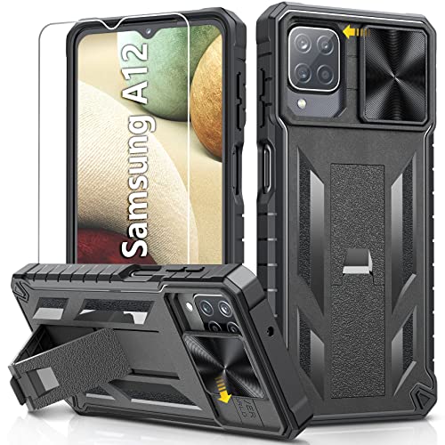 SOiOS for Samsung Galaxy A12 Protective Case: Military Grade Drop Proof Protection Mobile Phone Cover with Kickstand | Durable Rugged Shockproof TPU Matte Textured Phone Bumper – Black
